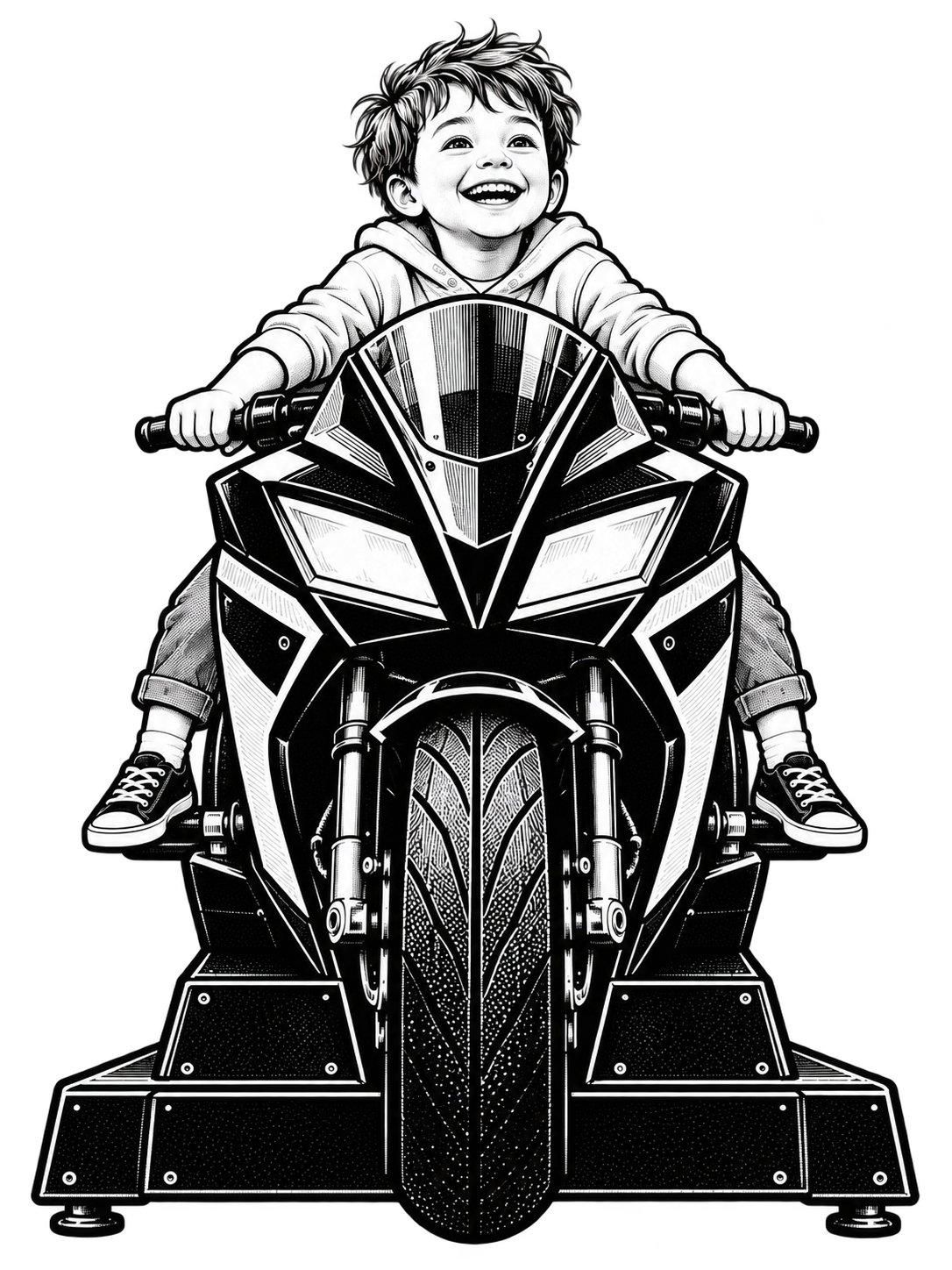 The same little boy on the oversized motorcycle arcade game, seen from the front with a huge, delighted smile.