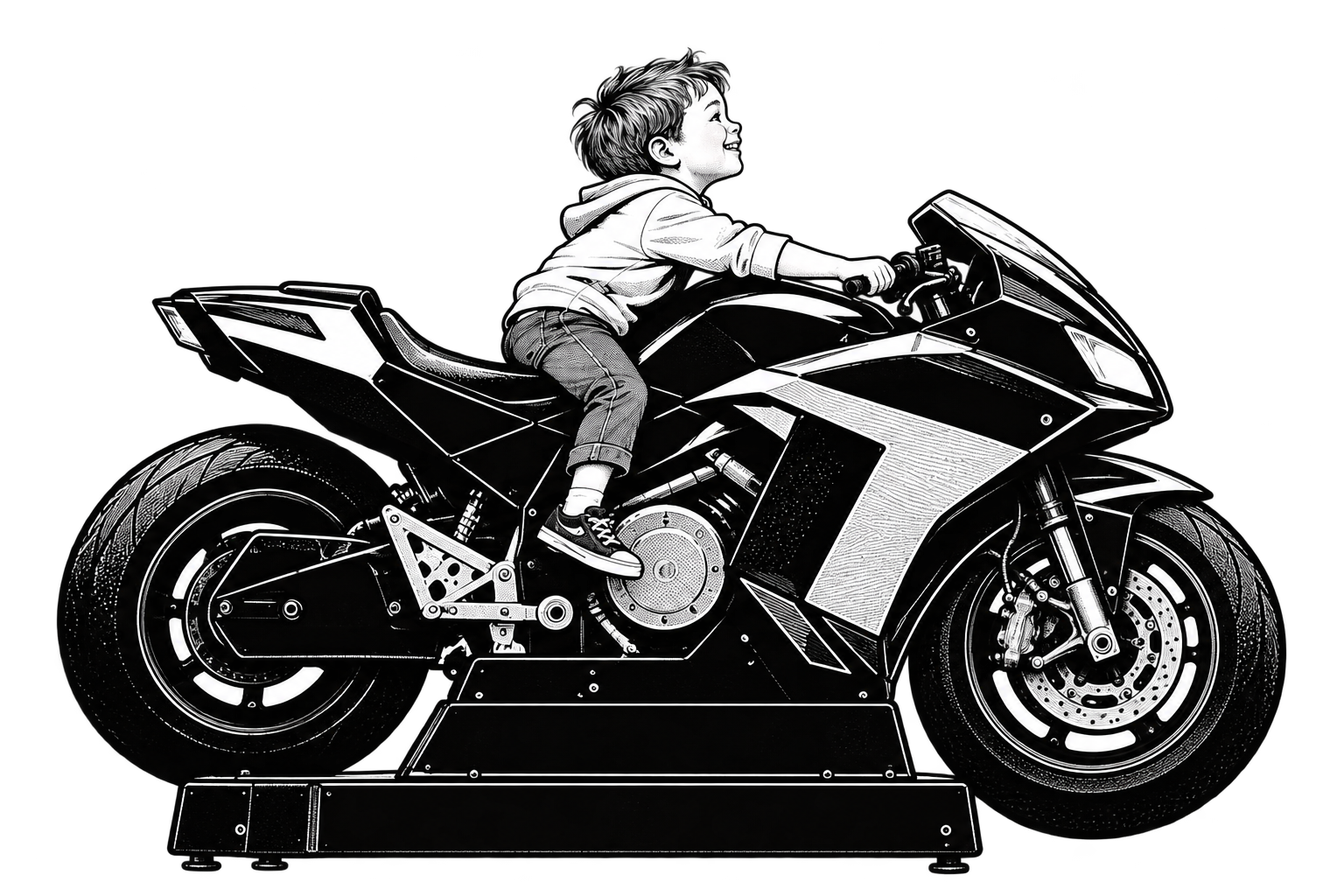 A little boy reaches forward on an oversized motorcycle arcade ride, isolated against the white page.